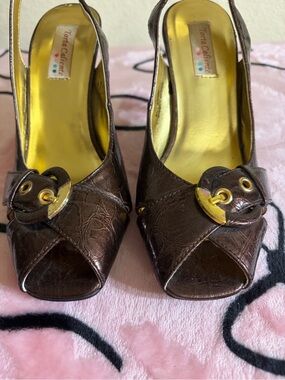 Torta Caliente Brown Peep-Toe Slingback Heels with Gold Buckle Detail